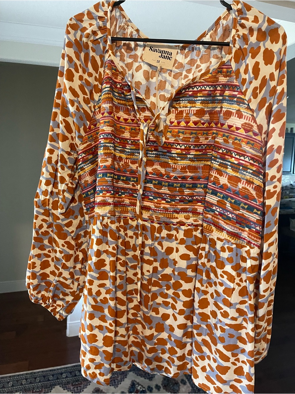 Savanna Jane Tan and Cream Printed Embroidered Peasant Tunic Blouse